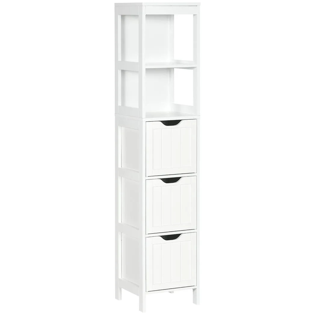 HOMCOM Narrow Floor Bathroom Cabinet with 3 Drawers and 2 Open Shelves – Slim Freestanding Storage, White
