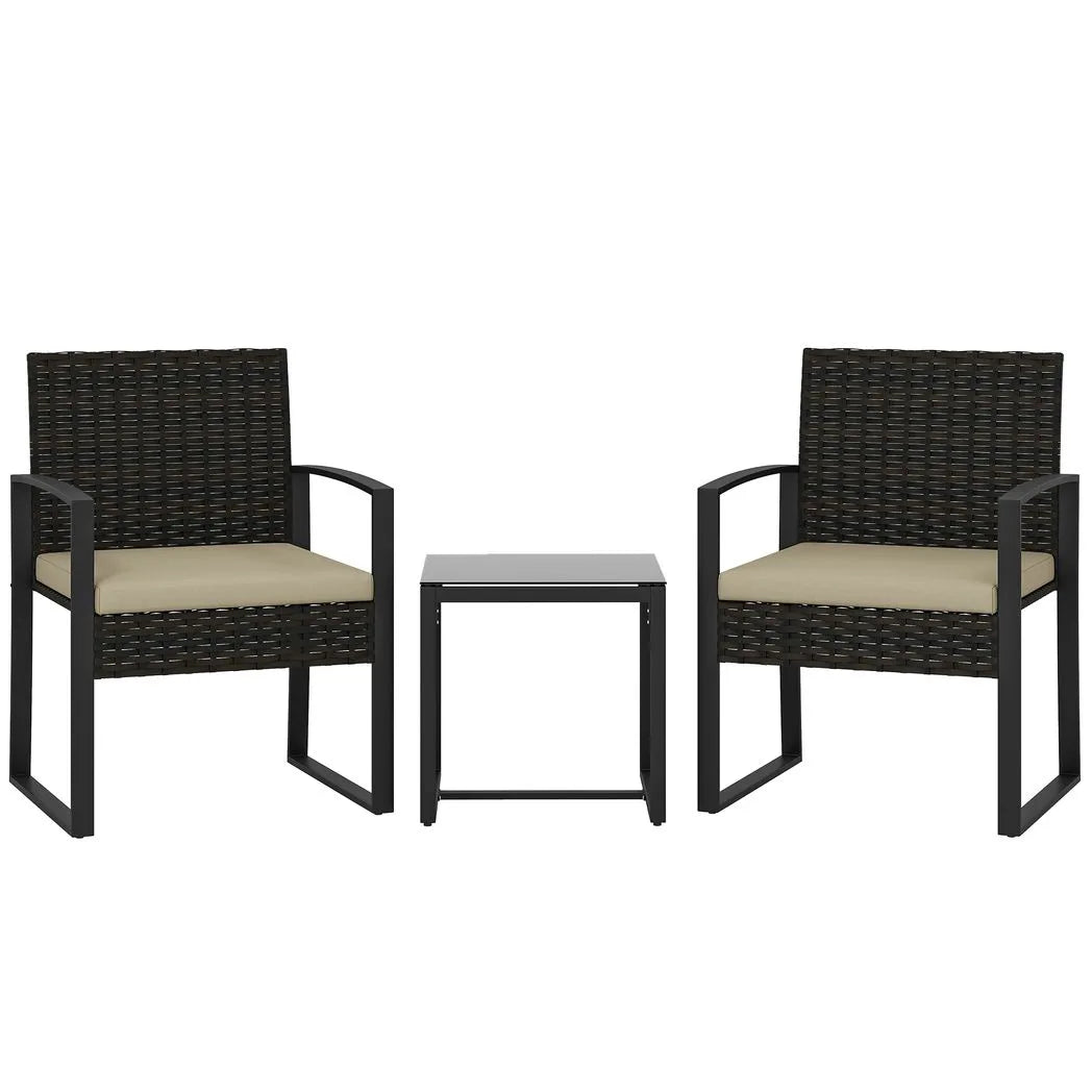 Outsunny 3 Piece Rattan Bistro Set with Glass Top Table and Cushions, Khaki