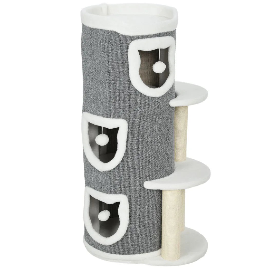 PawHut 101cm Cat Tree with Sisal Scratching Posts, 3 Barrel Condos – Indoor Cat Tower for Rest and Play
