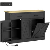 HOMCOM Tilt Out Trash Cabinet Kitchen Island with Charging Station, 57L Hidden Bin Storage, 2 Drawers & 2-Door Cupboard, Black