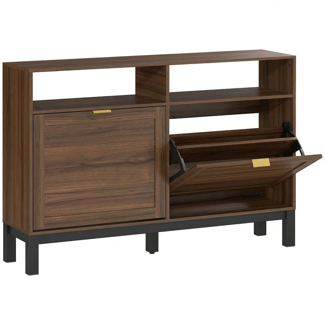 HOMCOM Narrow Shoe Cabinet with 2 Flip Drawers & Open Shelves – Rustic Brown