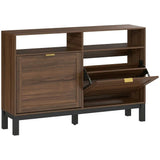 HOMCOM Narrow Shoe Cabinet with 2 Flip Drawers & Open Shelves – Rustic Brown