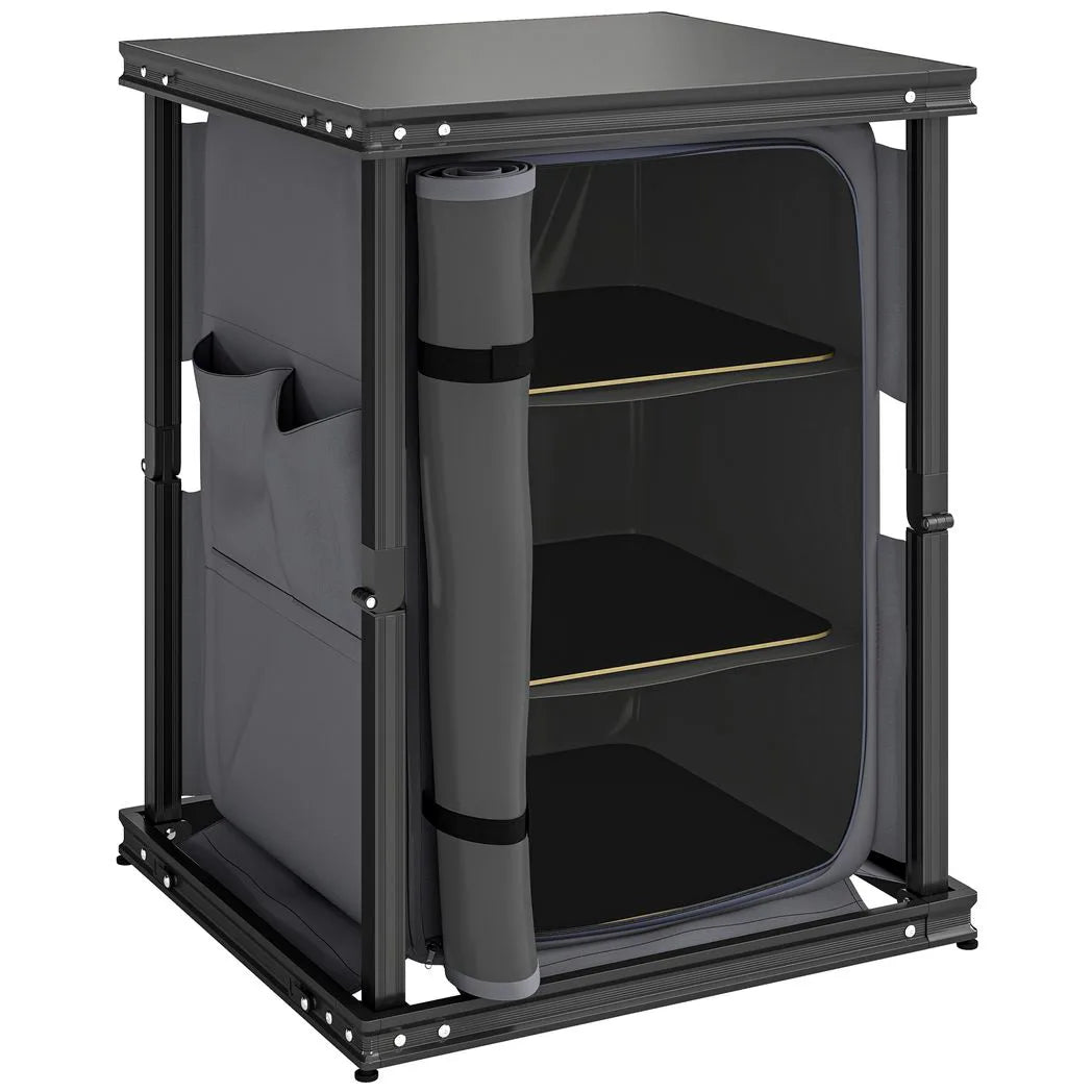 Outsunny Folding Camping Kitchen Cupboard with 3-Tier Storage and Adjustable Feet – Aluminium, Black
