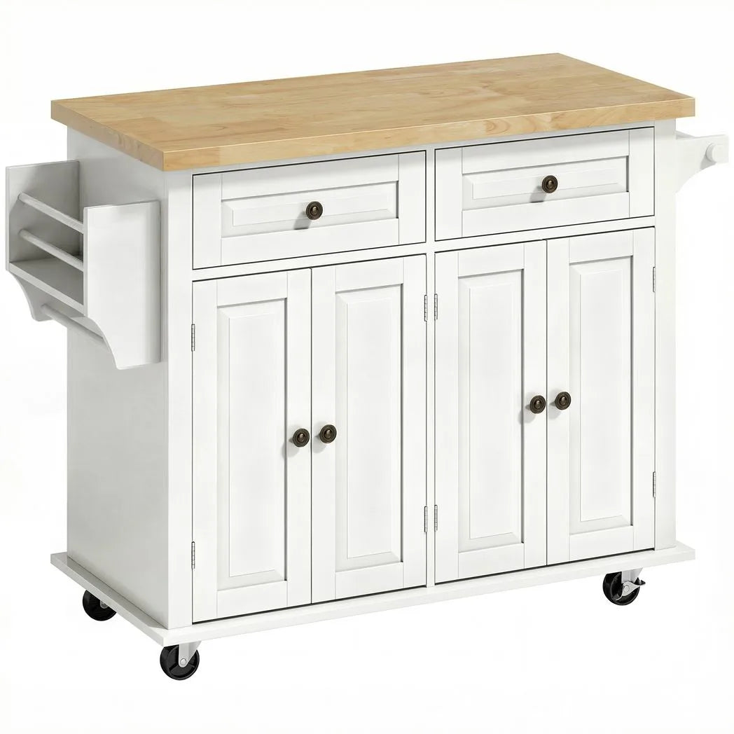 HOMCOM Kitchen Island on Wheels with Rubberwood Top, Drawers and Adjustable Shelves – Rolling Storage Trolley, Cream White