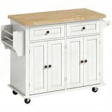 HOMCOM Kitchen Island on Wheels with Rubberwood Top, Drawers and Adjustable Shelves – Rolling Storage Trolley, Cream White