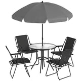 Outsunny 6 Piece Garden Dining Set for 4 with Parasol – Round Glass Table & Folding Mesh Chairs, Black