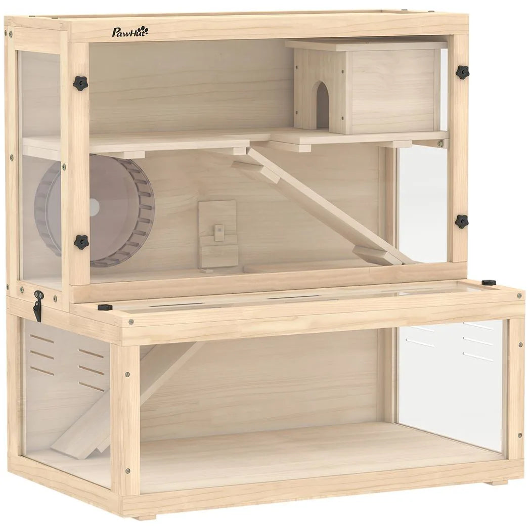 PawHut Wooden Hamster Cage with Hut, Wheel, Ramps and Removable Viewing Panels, 80 x 50 x 84 cm, Natural