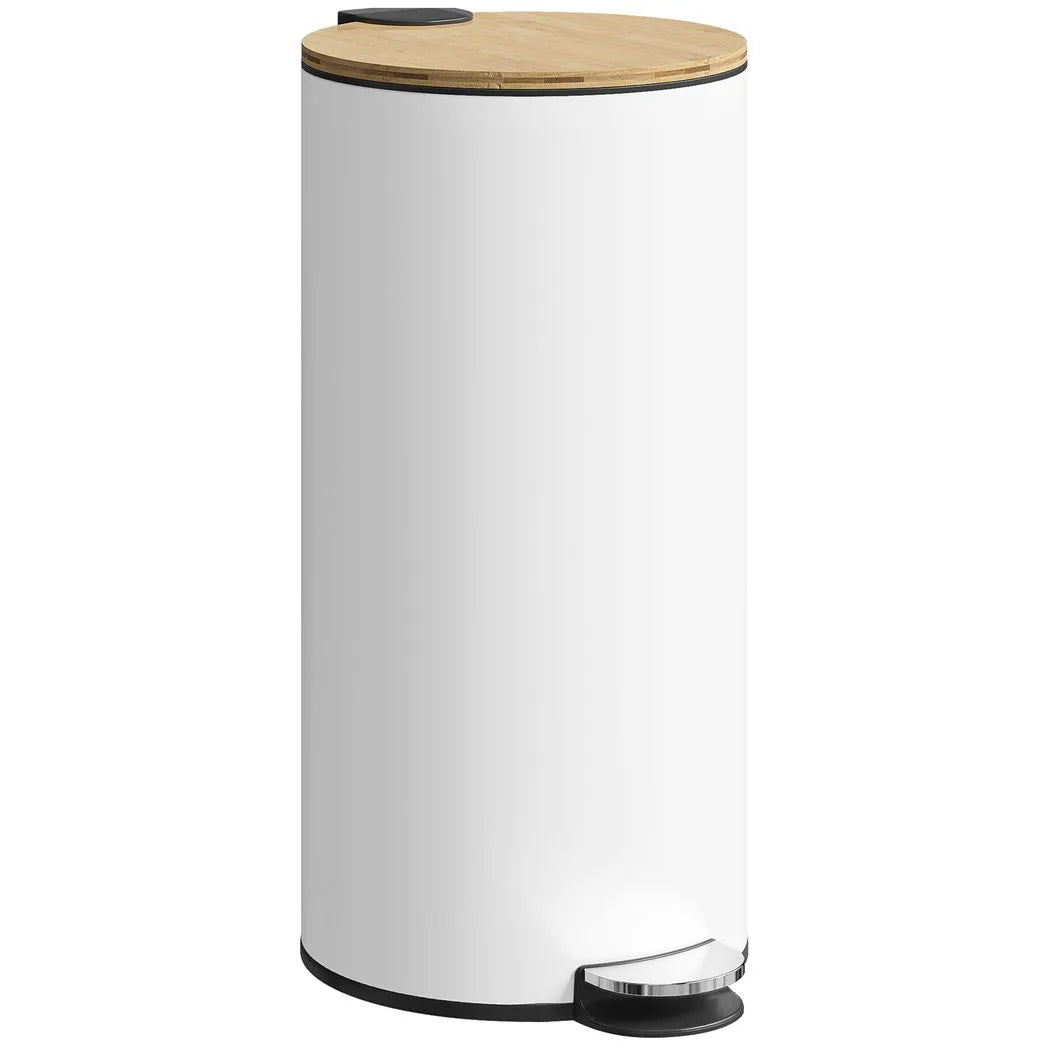 HOMCOM 30L Kitchen Pedal Bin with Removable Bucket and Soft-Close Lid – Fingerprint-Resistant, White and Natural