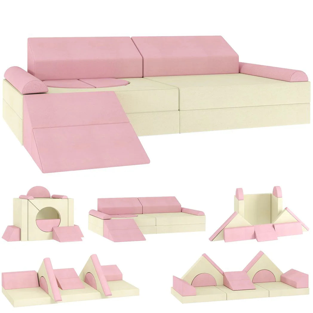 AIYAPLAY 12-Piece Foam Modular Soft Play Set with Slide – Kids Convertible Play Sofa for Playroom, Pink