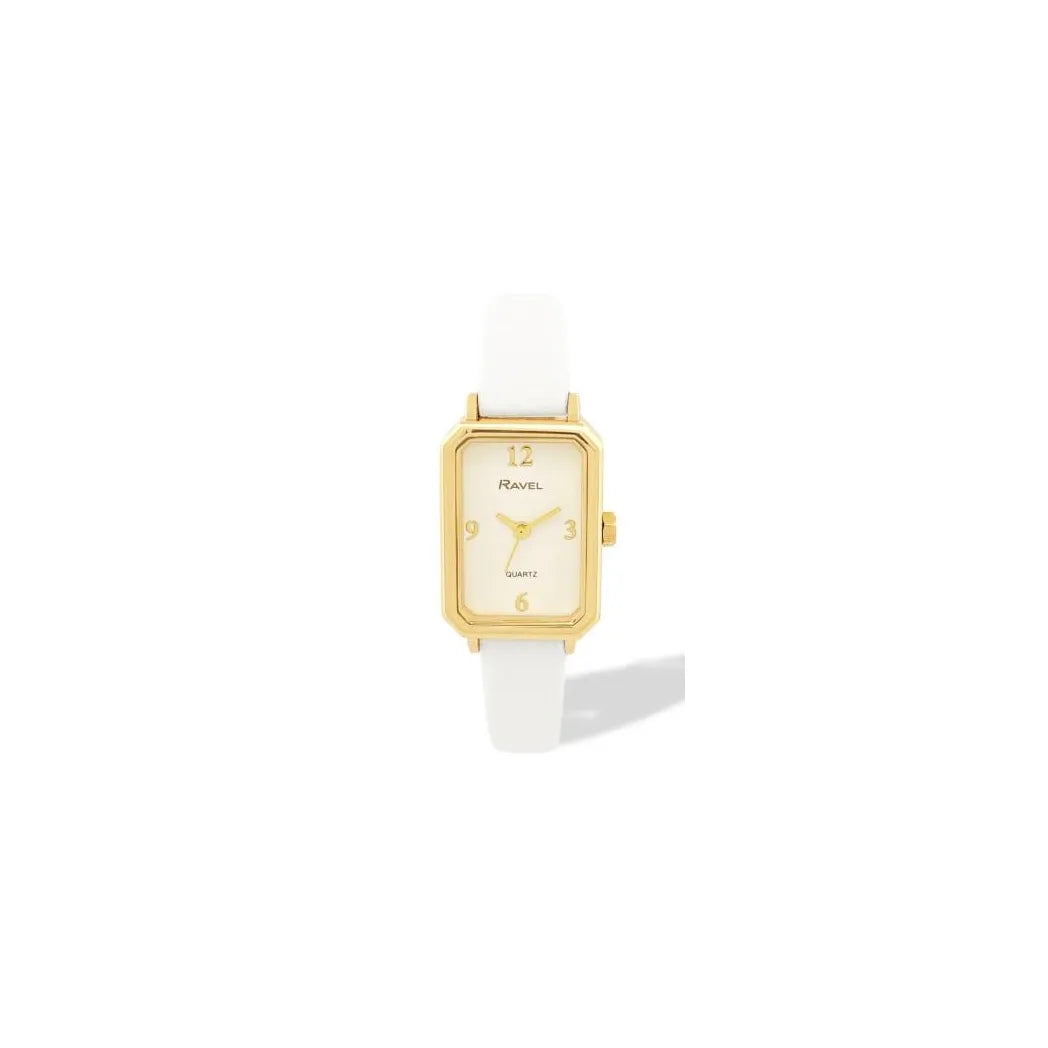 Ravel Ladies Rectangular Gold-Tone Watch with White Faux Leather Strap