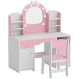 AIYAPLAY Kids Vanity Set with Stool, Dual-Colour Lights Mirror, Cabinets, Drawer & Shelves – Children's Dressing Table, Pink