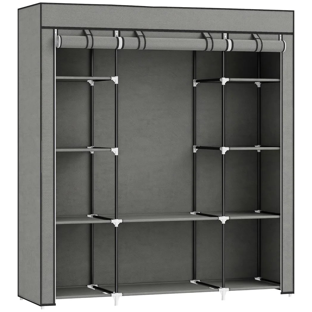 HOMCOM Portable Fabric Wardrobe with Hanging Rail, 10 Shelves and Roll-Up Doors – Foldable Clothes Storage, Dark Grey