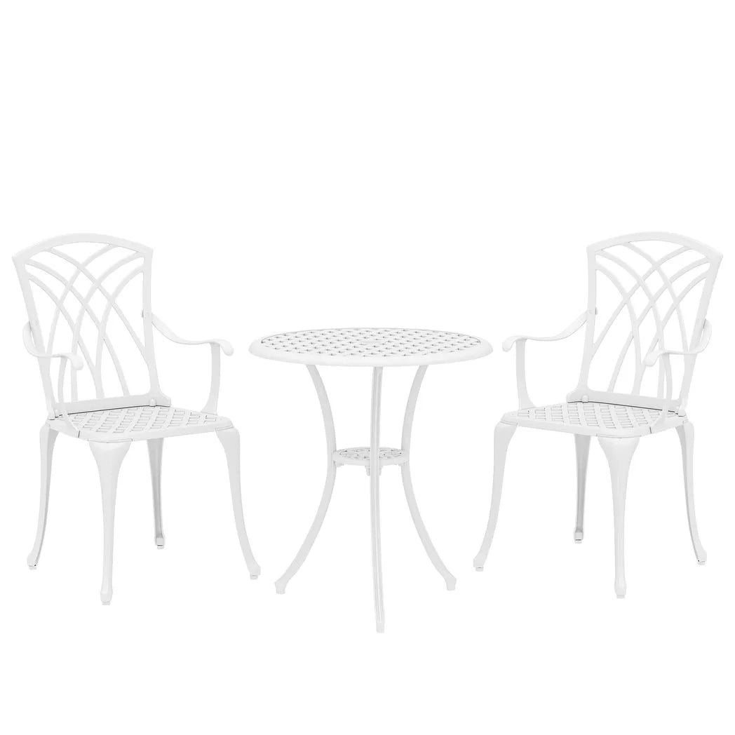 Outsunny 3 Piece Cast Aluminium Garden Bistro Set with 2 Chairs and Round Table with Parasol Hole, White