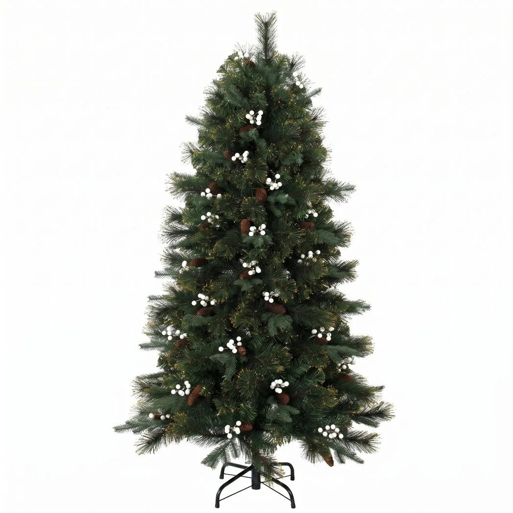 HOMCOM 5ft Pre-Decorated Artificial Christmas Tree – Hinged Fir with 490 Branch Tips, Berries and Foldable Metal Stand, Green