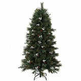 HOMCOM 5ft Pre-Decorated Artificial Christmas Tree – Hinged Fir with 490 Branch Tips, Berries and Foldable Metal Stand, Green