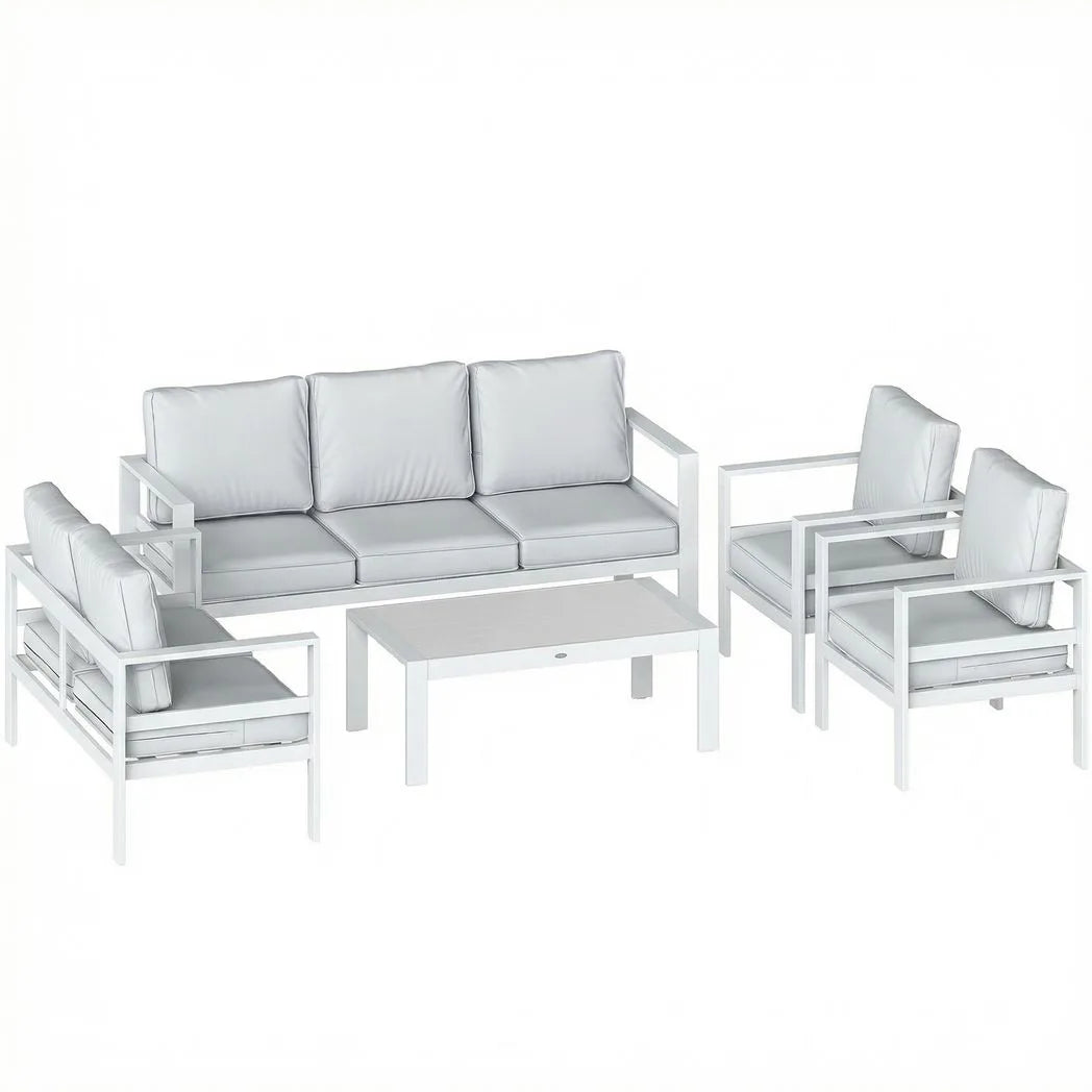 Outsunny 5 Piece Aluminium Garden Sofa Set with Extra Deep Olefin Cushions and Slatted Table – White