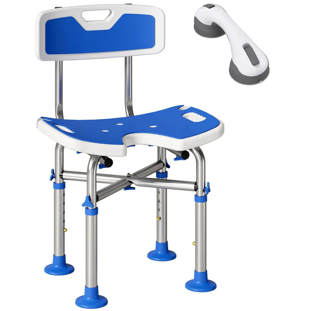 HOMCOM Shower Chair with U-Shaped Cutout, Padded Seat and Backrest, 150kg Capacity – Height Adjustable, Blue
