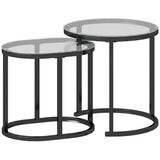 HOMCOM Nest of 2 Coffee Tables with Steel Frame and Tempered Glass Tops – Round and Oblong Side Tables, Black