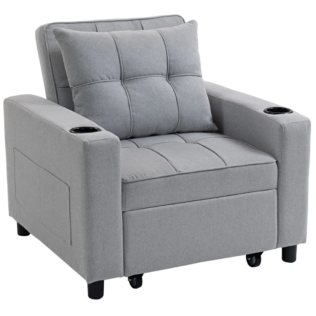 HOMCOM 3-in-1 Convertible Single Sofa Bed with Pillow and Cup Holders – Sleeper Chair Bed, Light Grey