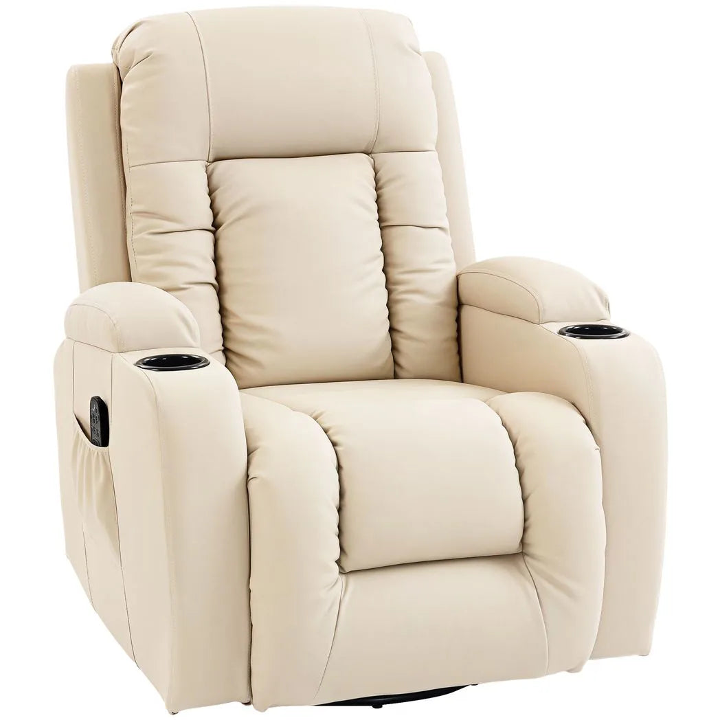 HOMCOM PU Leather Massage Recliner with Extended Footrest, Cup Holders and Side Pockets – Swivel Rocker, Cream