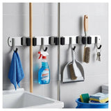 Wall-Mounted Broom & Mop Holder with 3 Slots and 4 Hooks – Stainless Steel Garage Tool Organiser, Silver