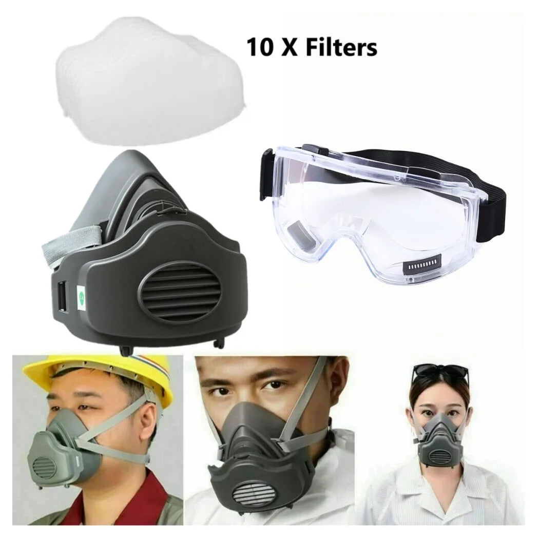 Reusable Half Face Respirator Mask with Safety Goggles and 10 Dust Filter Pads – Model 3200, Grey