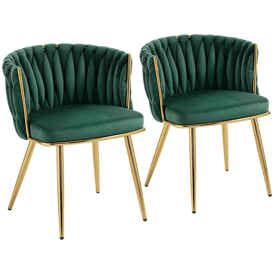 HOMCOM Set of 2 Velvet-Feel Dining Chairs with Knot Backrest and Golden Metal Legs, Dark Green