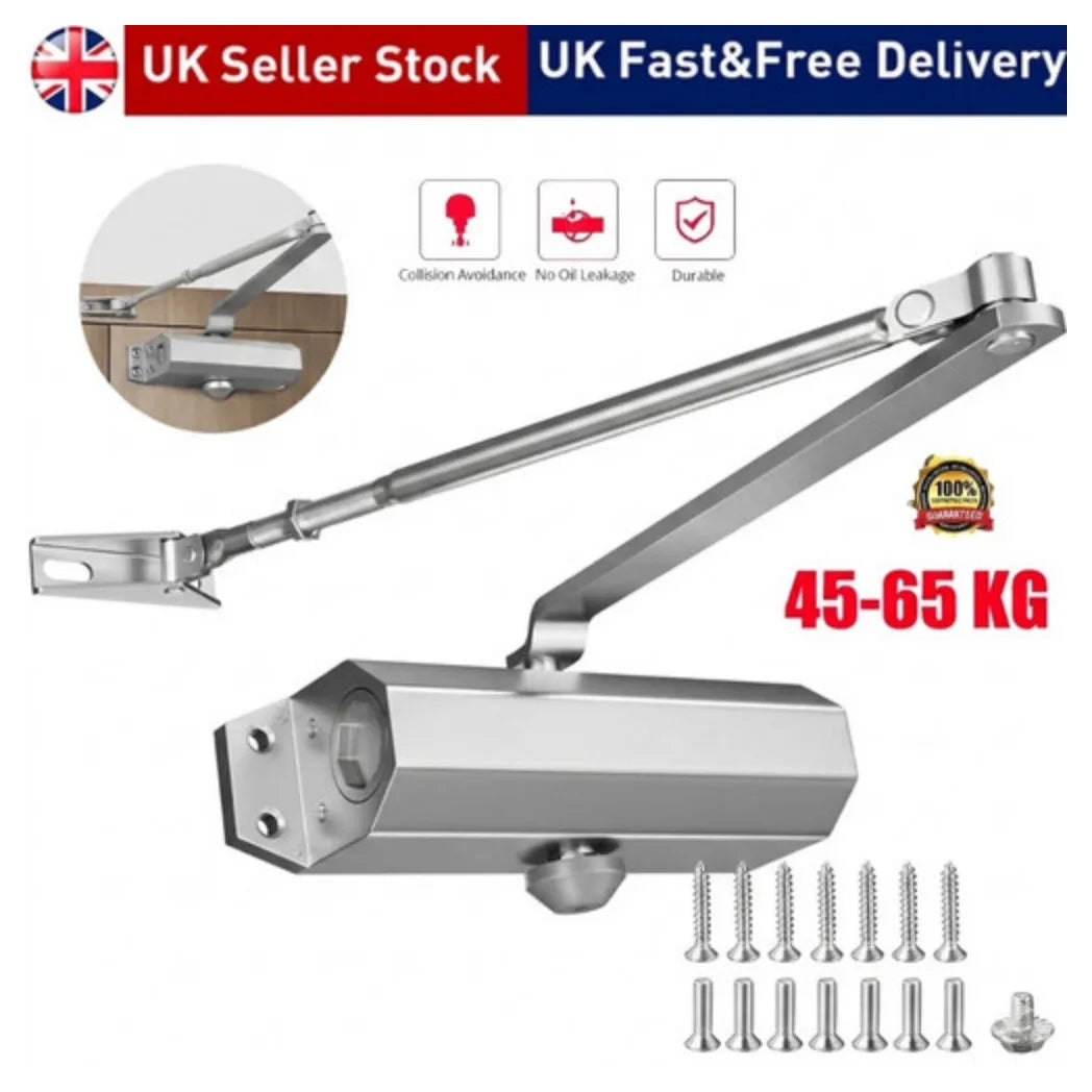 Heavy Duty Hydraulic Overhead Door Closer for 45–65 kg Doors, Adjustable Soft Close, Silver