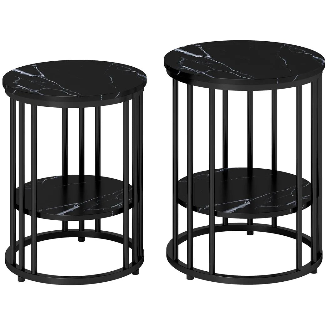 HOMCOM Set of 2 Round Marble-Effect Coffee Tables with Black Steel Legs and Bottom Shelf – Two-Tier