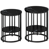 HOMCOM Set of 2 Round Marble-Effect Coffee Tables with Black Steel Legs and Bottom Shelf – Two-Tier