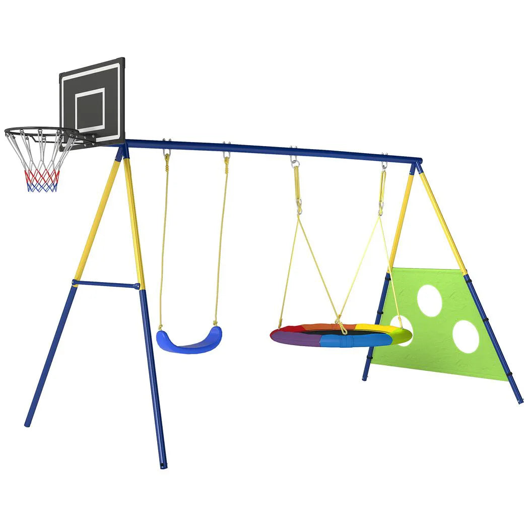 AIYAPLAY 4-in-1 Kids Swing Set with Saucer Swing, Basketball Hoop & Football Goal – Outdoor Garden Playset