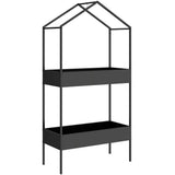 Outsunny 2 Tier Metal Plant Stand with Hanging Hook, House-Shaped Indoor Outdoor Display Rack, Black
