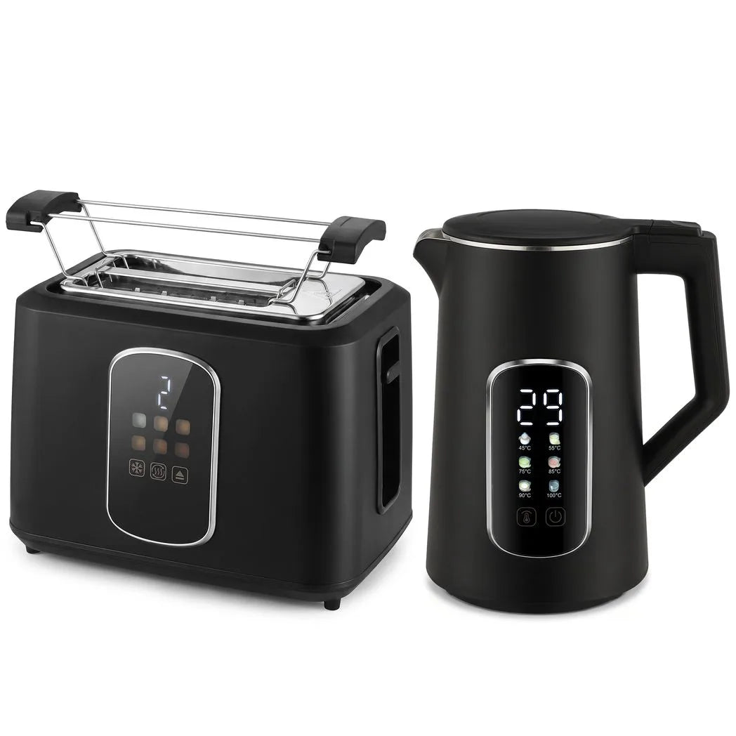 HOMCOM Kettle and Toaster Set with LED Touch Screen – Strix Kettle and 2-Slice Toaster, Black