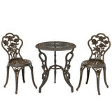 Outsunny 3 Piece Cast Aluminium Bistro Set with Parasol Hole – Antique Floral Table and 2 Chairs, Brown Tone