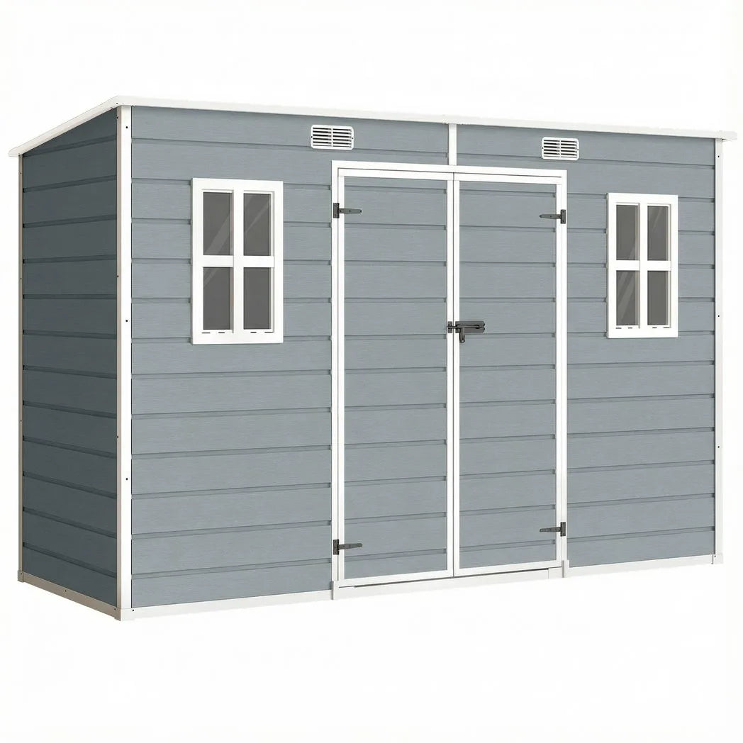 Outsunny 10 x 4ft Resin Garden Shed with Floor, Windows & Lockable Double Doors – Outdoor Storage, Grey