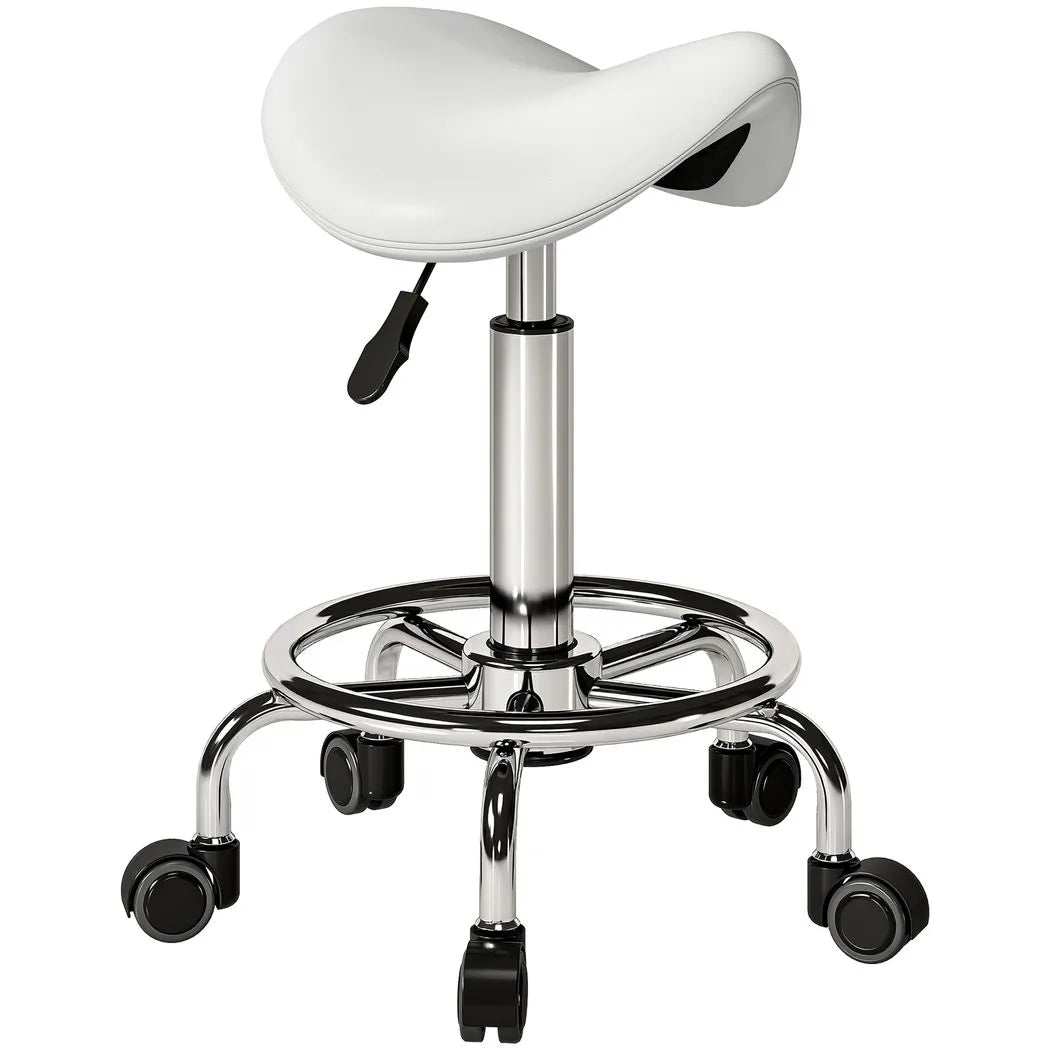 HOMCOM Salon Saddle Stool with Wheels – Adjustable Rolling Chair for Massage, Spa, Beauty and Tattoo, White