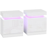 HOMCOM Set of 2 White Bedside Tables with LED Light and 2 Drawers – High Gloss Nightstands for Bedroom
