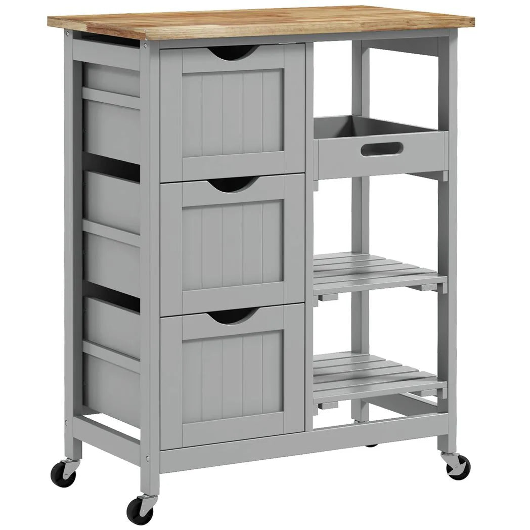 HOMCOM Rolling Kitchen Island Cart with Wood Top, 3 Drawers, 3 Shelves & Side Tray – Serving Trolley, Grey