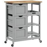 HOMCOM Rolling Kitchen Island Cart with Wood Top, 3 Drawers, 3 Shelves & Side Tray – Serving Trolley, Grey