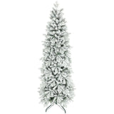 HOMCOM 7ft Flocked Artificial Christmas Tree with 972 Branches – Slim Snowy Tree, Flame-Retardant