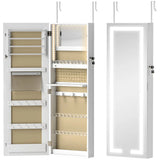 HOMCOM Wall Mounted LED Mirror Jewellery Cabinet, Full Length and Lockable – Over-Door Organiser, White