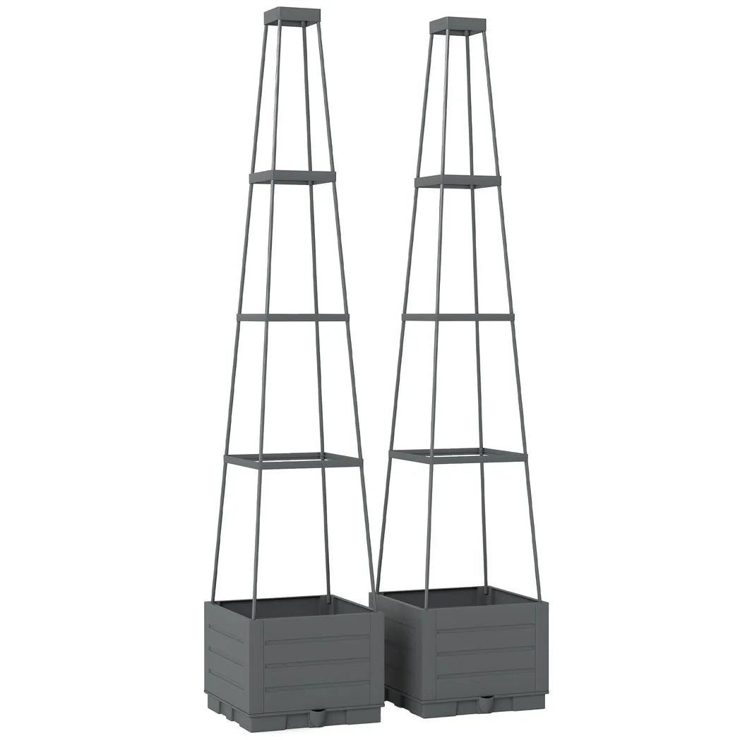 Outsunny Set of 2 Raised Garden Planters with Trellis – 12L Plastic Planter Boxes with Removable Drainage Trays