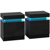 HOMCOM Set of 2 Bedside Tables with LED Light & 2 Drawers – High Gloss Nightstands for Bedroom, Black