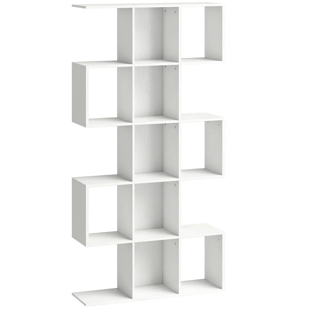 HOMCOM 5-Tier S-Shaped Bookcase with 15 Compartments – Slim Geometric Display Shelf, White Wood Effect
