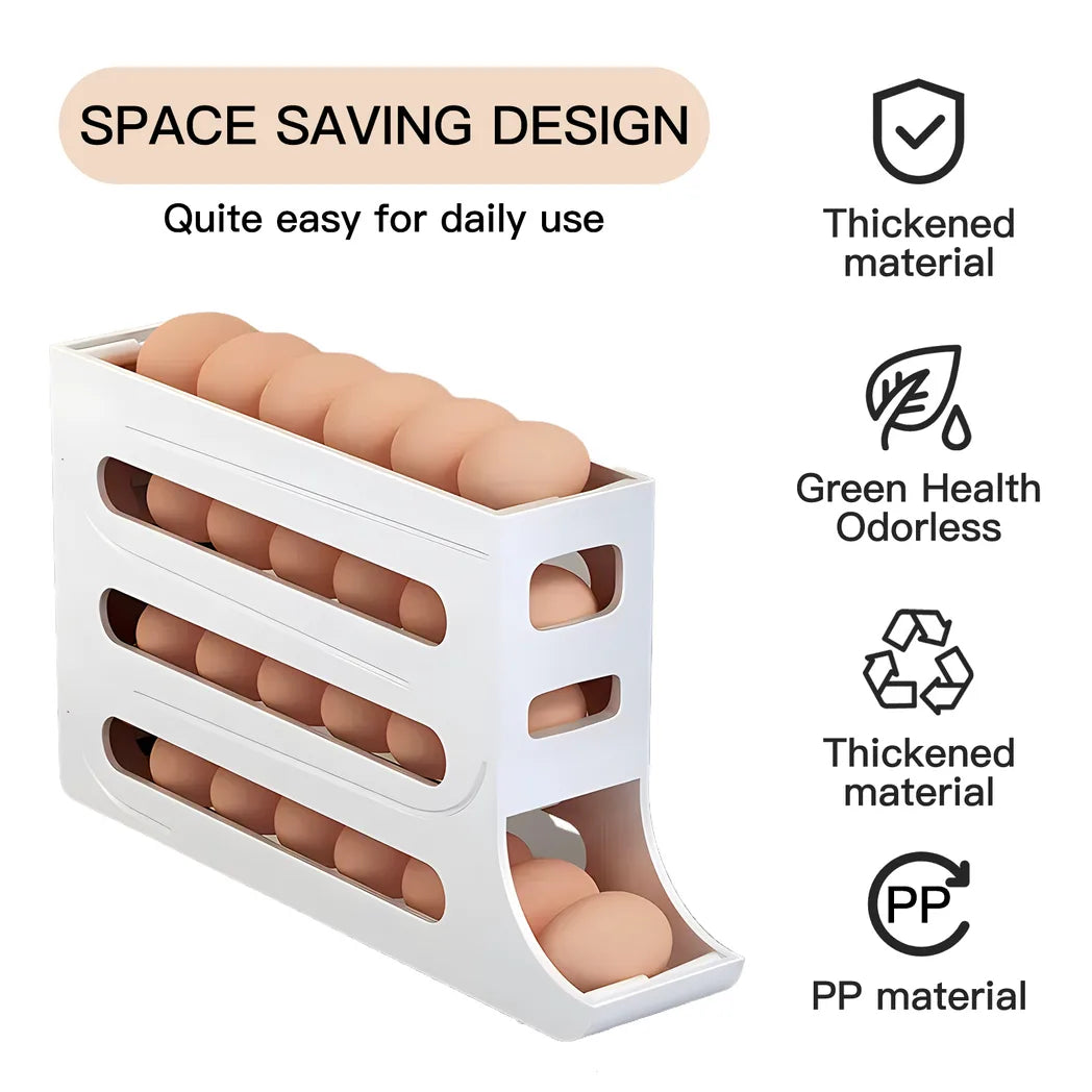 4-Tier Auto Rolling Egg Dispenser – Space-Saving Plastic Egg Holder Organiser for Fridge & Countertop