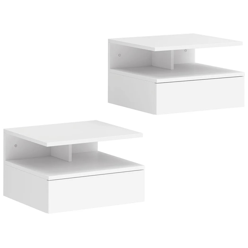 HOMCOM Set of Two Floating Bedside Tables with Handle-Free Drawer & Open Shelf – Wall-Mounted Nightstands, White