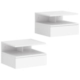 HOMCOM Set of Two Floating Bedside Tables with Handle-Free Drawer & Open Shelf – Wall-Mounted Nightstands, White