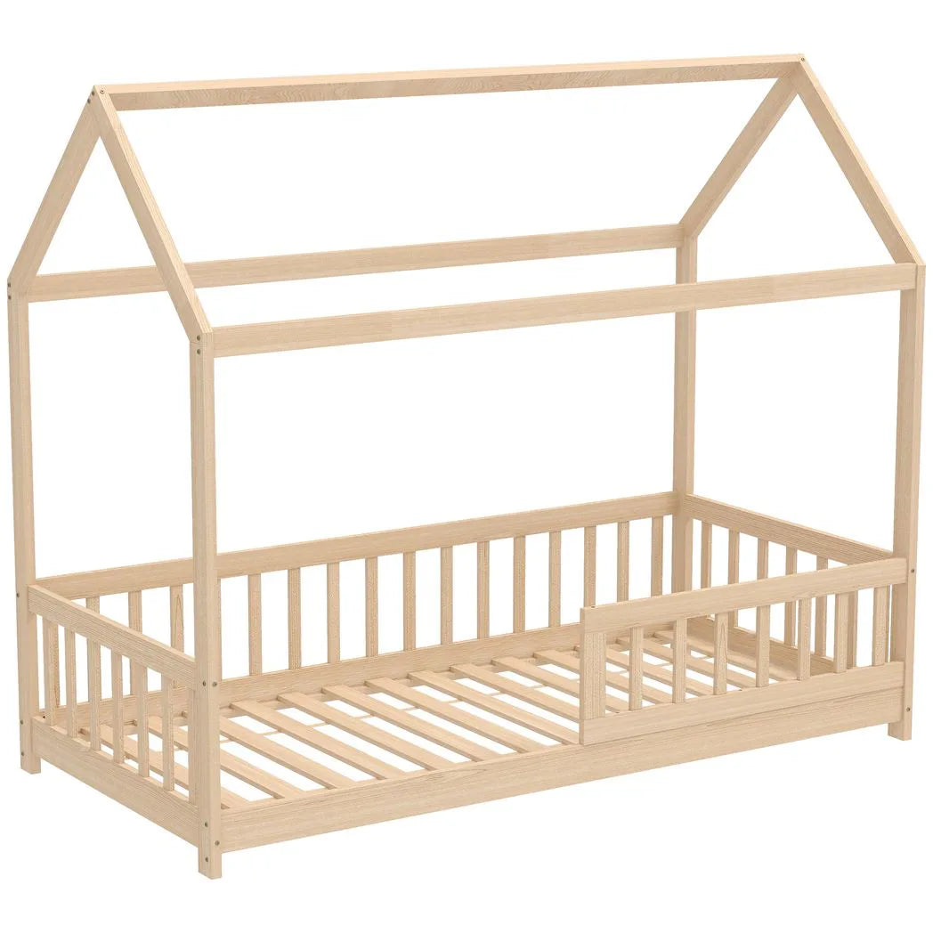 HOMCOM House-Shaped Kids Single Bed Frame with Guard Rails – Solid Pine, Natural Wood