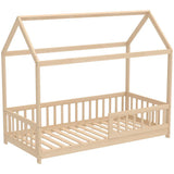 HOMCOM House-Shaped Kids Single Bed Frame with Guard Rails – Solid Pine, Natural Wood