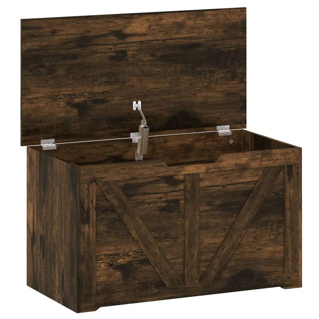 HOMCOM 100L Storage Box with Safety Hinge & Seat Top – Storage Trunk Bench, Rustic Brown Wood-Effect